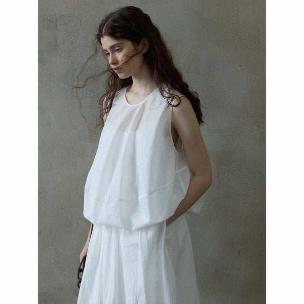 Top sin mangas drapeado con botones, primavera y verano, nuevo, sencillo, para desplazamientos diarios, ligeramente transparente, con cuello redondo, para mujer M8584 