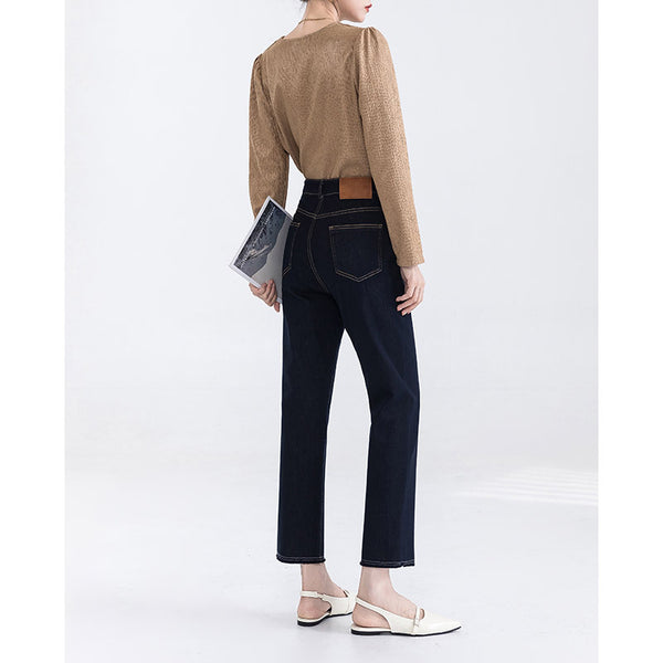 Pantalones de mezclilla retro con estilo y pierna recta para mujer, nuevos pantalones baguette de cintura alta, finos y de nueve puntos, pequeños y versátiles, con forma de pipa de cigarrillo 