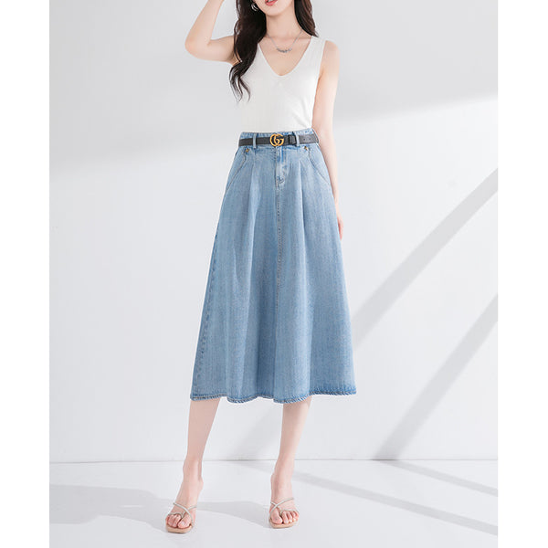 Falda vaquera de Tencel coreana fina y versátil de verano para mujer, de cintura alta, que cubre la cadera, fina, tipo péndulo, mediana y larga, tipo paraguas. 