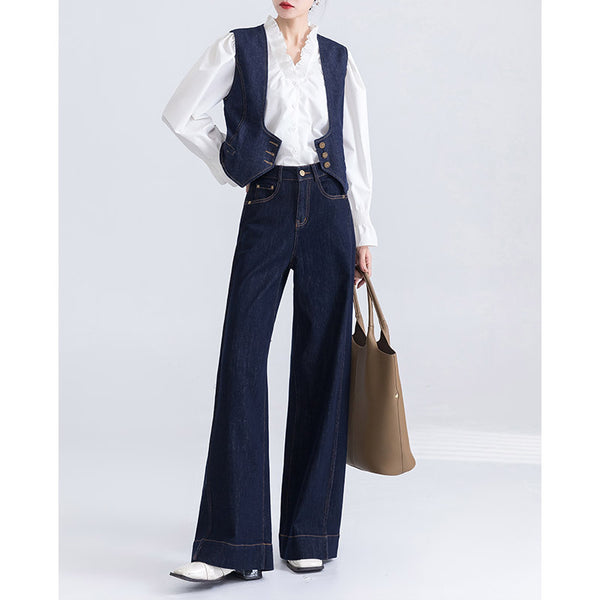 Vaqueros de pierna ancha ajustados y versátiles para mujer, nuevos vaqueros de cintura alta con microcampana, chaleco vaquero de moda para mujer 