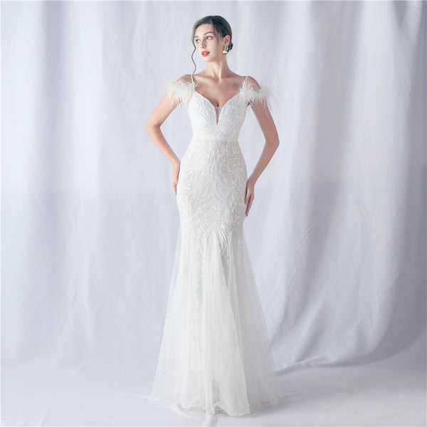 Glamorous trade new Exquisite ostrich hair craft mesh yarn positioning flower beads annual meeting wedding evening dress