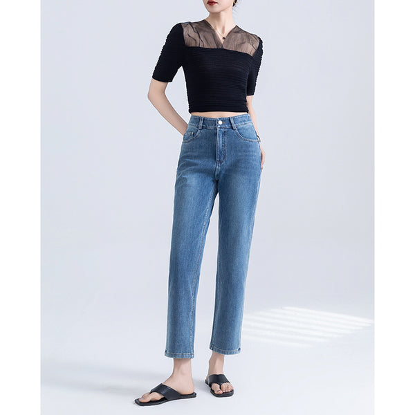 Pantalones vaqueros elásticos de cuatro lados de alta calidad para mujer, primavera y verano, nuevos, de industria pesada, lavados, versátiles y delgados, de moda, pequeños pantalones baguette rectos 