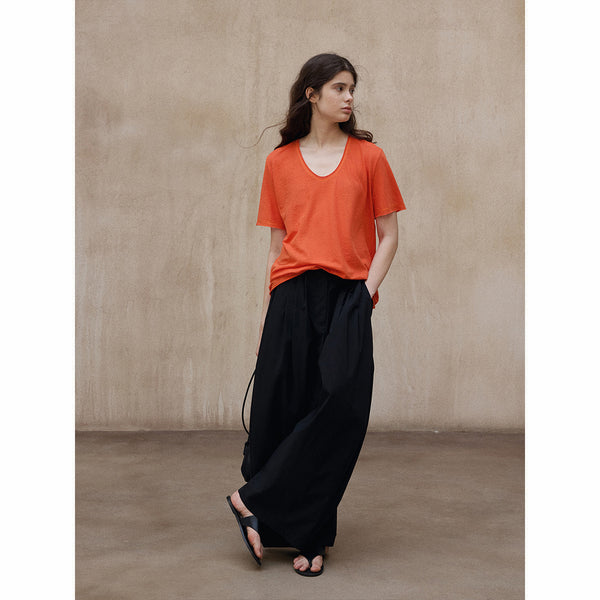 Camiseta de verano de algodón de alta torsión, cómoda y transpirable, sencilla, básica, versátil, con cuello en U, microtransparente, de manga corta M8762 