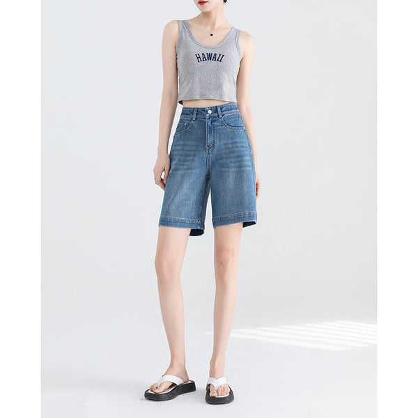 Pantalones cortos vaqueros elásticos de cuatro lados cómodos para mujer, nuevos pantalones de verano de cintura alta, elásticos, delgados y versátiles de pierna recta de cinco puntos 