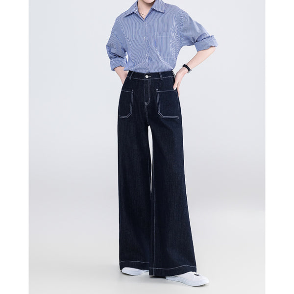 Pantalones vaqueros de cintura alta, anchos y elásticos, de pierna ancha, de primavera, antidecoloración, de cintura alta, sencillos, duraderos y versátiles para mujer 
