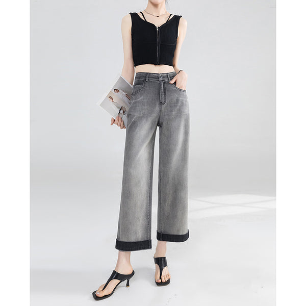 Pantalones vaqueros anchos de nueve puntos de color gris frío para mujer, nuevos pantalones holgados y delgados de verano, pantalones pequeños de pierna recta 