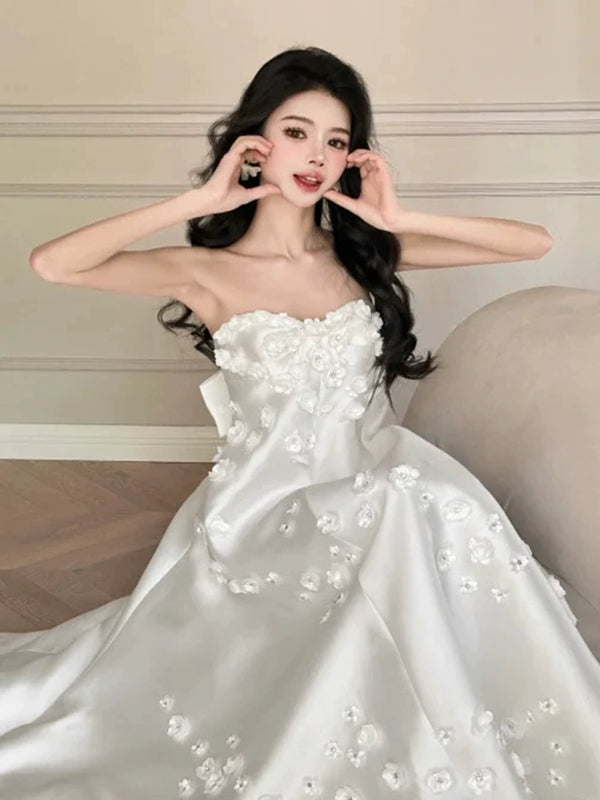 tube top satin light wedding dress bridal high-end niche three-dimensional flower dress skirt super fairy engagement robe going out yarn