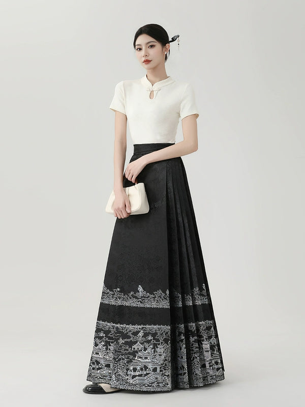 Chinese Song [Penglai Wonderland Yunshu] Black Horse Dress Short Sleeve Set 2025 Spring and Summer New Chinese Skirt