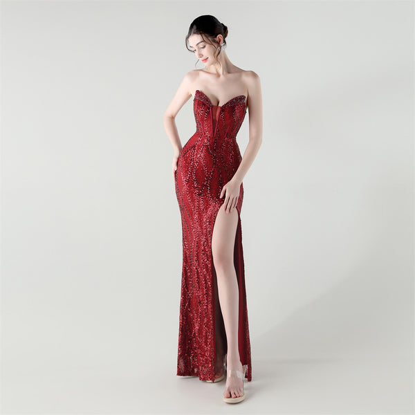 Vestido de noche de lujo para banquetes, nuevo, con cintura de espiga, cuello de corazón y lentejuelas, estilo industrial pesado. 