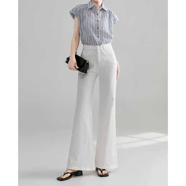 Pantalones vaqueros blancos antiadherentes con piernas ligeramente tiradas para mujer, nuevos pantalones acampanados de pierna recta, sueltos, de cintura alta y finos de tres pruebas de verano 