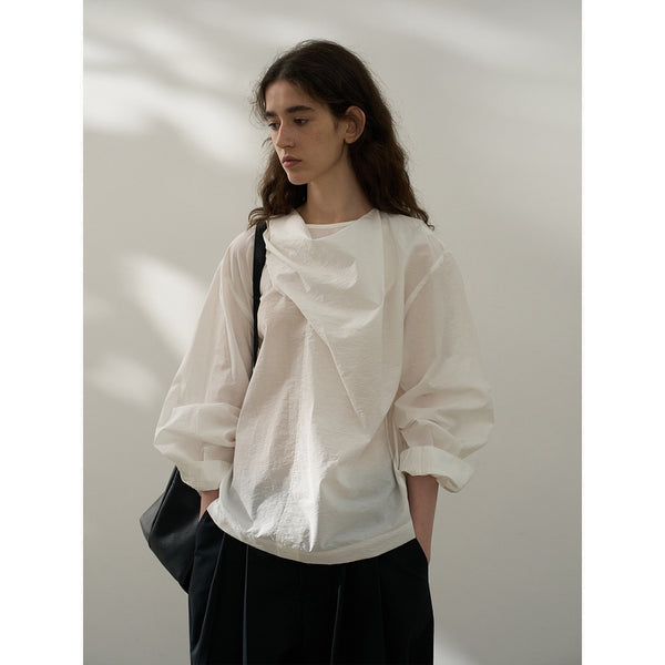 Camisa de cuello de serpentina ligera, nueva blusa de otoño con cuello de bufanda medio y largo para mujer M7112 