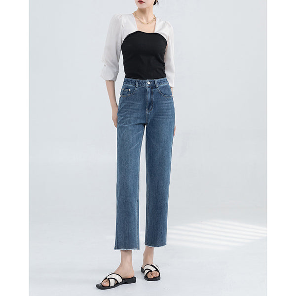 Pantalones vaqueros elásticos de cuatro lados de alta calidad para mujer, nuevos pantalones baguette rectos pequeños, versátiles y finos de cintura alta de primavera. 