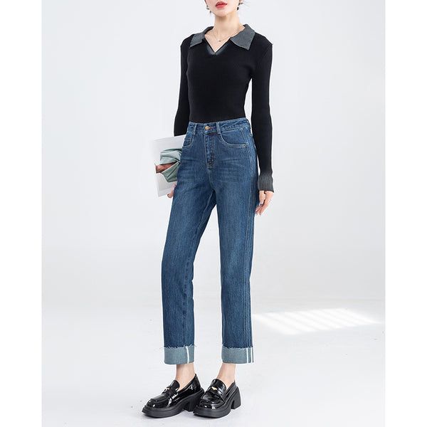 Pantalones vaqueros versátiles y finos para mujer de principios de primavera, nuevos pantalones clásicos de cintura alta con nueve puntos de pierna recta y pantalones de tubo microelásticos rizados 