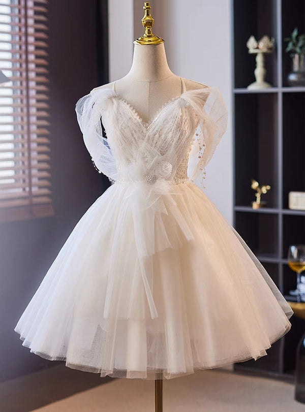 White Tulle Lace Pleats Straps Wedding Dress